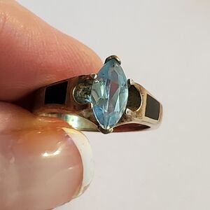 Vintage Sterling silver inlaid onyx band stone with marquise cut aquamarine 6